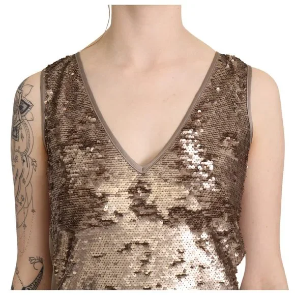 Liu Jo Brown Sequined V-neck Sleeveless Sheath Mini Dress Liu Jo Brown Sequined V-neck Sleeveless Sheath Mini Dress